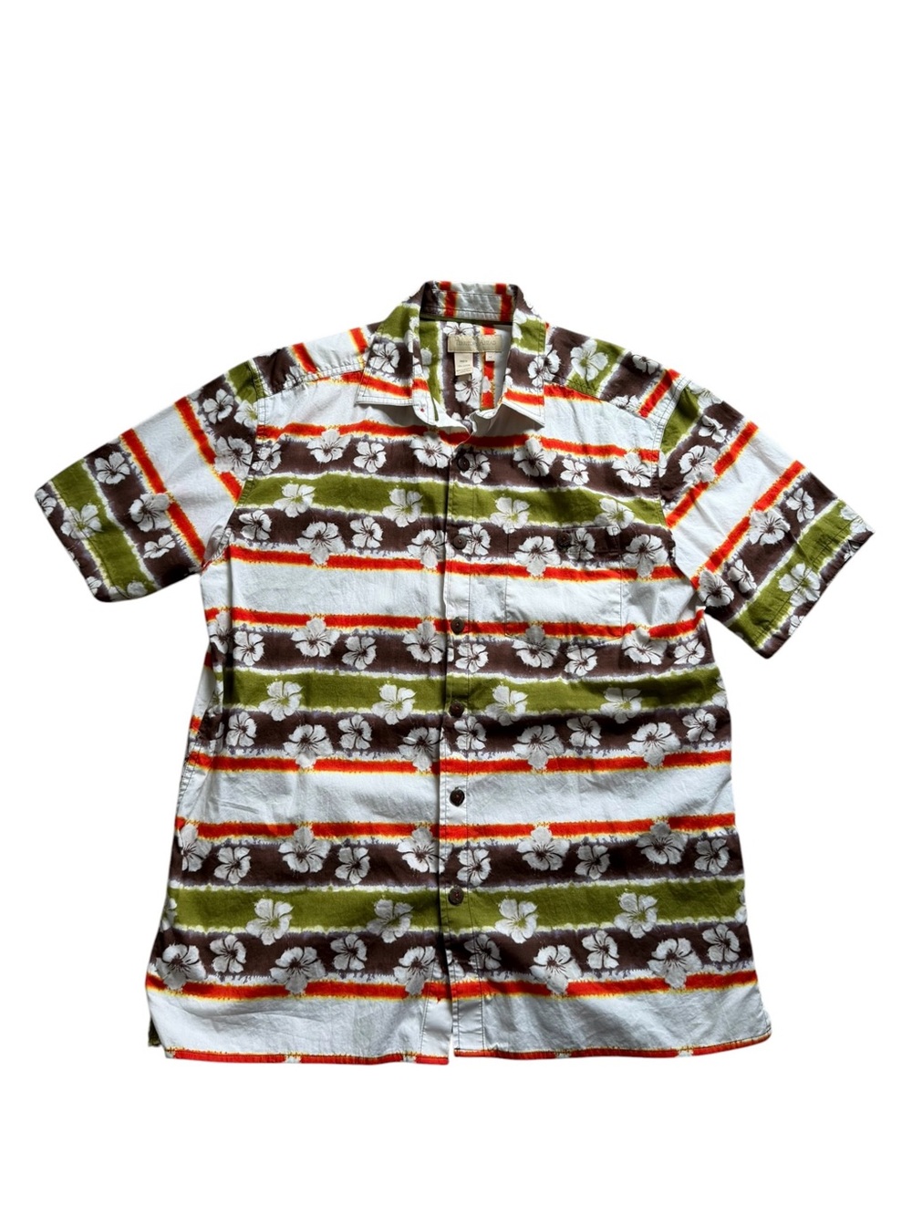 Territory Ahead Men’s Hawaiian Camp Shirt Hibiscus Striped Medium Short Sleeve